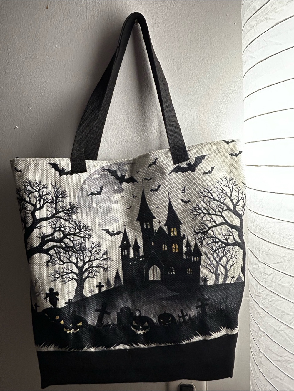 Halloween Haunted Castle Tote Bag - Black and White Halloween Scene